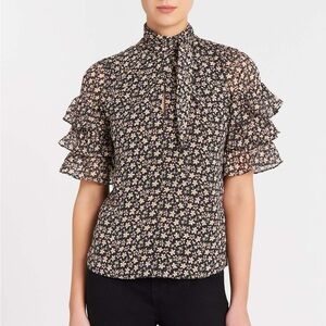 Rebecca Taylor Floral Silk Short Sleeve Louisa Ruffle Top Sz 8 Career  Romantic